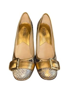 Michael Kors Tiara Gold Snakeskin Leather Buckle Cone Heel Pumps Size 9M